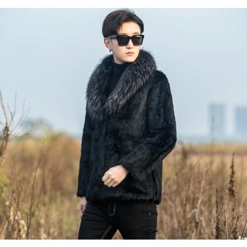 New mens Real genunie natural rabbit fur coat with raccoon fur collar fashion jacket warm winter custom any size