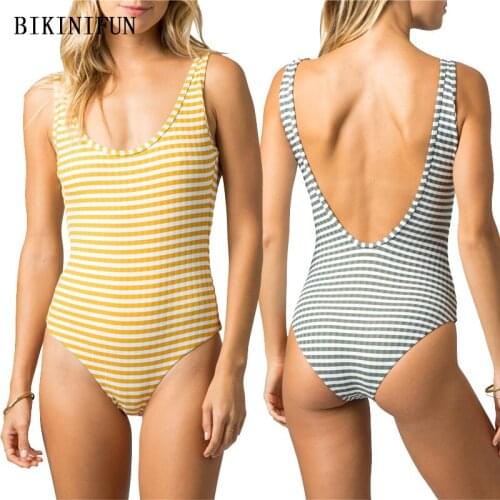 2020 New Sexy Stripped Print Swimsuit Women Scoop Neck Swimwear Ribbed Bathing Suit S-2XL Girl Backless Pullover One Piece Suit