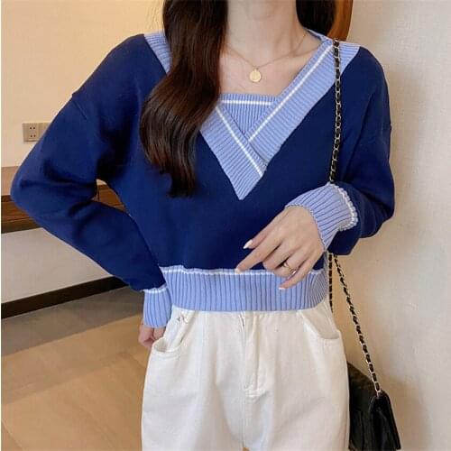 2021 New Korean Fashion V-Neck Designer Sweater Women Fake 2 Piece Knitted Sweater Crop Top Knitwear Pull Femme