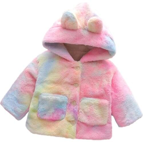 New Little Girl Imitation Fur Coat, Tie-dyed Long Sleeve Rabbit Ears Hooded Button Coat, Winter Jacket