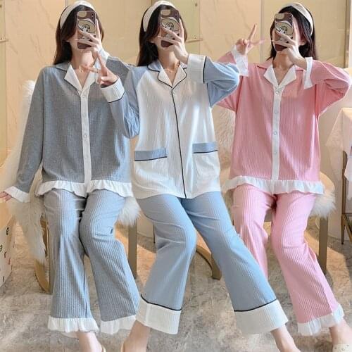 2021 Autumn Long Sleeve Cotton Pajama Sets for Women Korean Sleepwear Suit Pyjamas Loungewear Homewear Pijama Mujer Home Clothes