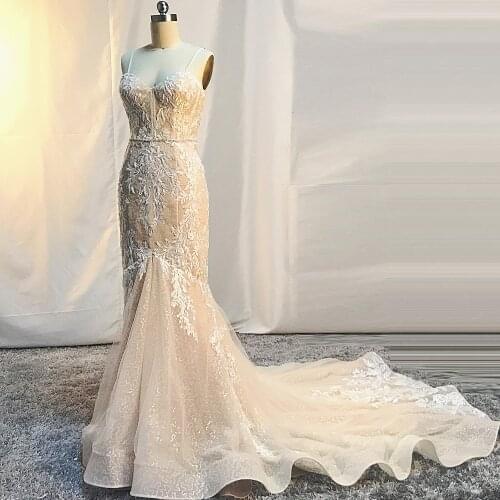 RSW1689 Spaghetti Straps Sweetheart Neckline Lace Mermaid Champagne Wedding Dress