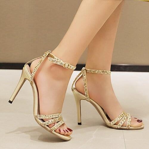 Summer Sexy Women Gladiator Sandals 10cm High Thin Spike Heel Open Toe Bling Sequin PU Leathergolden Rome Lady Stiletto Sandals