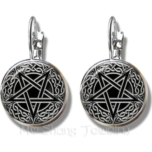 Satanic Baphomet Pentagram Bracelet Gothic Silver Plated Earrings Satanism Evil Occult Pentacle Jewelry Pagan Charm Stud Ear
