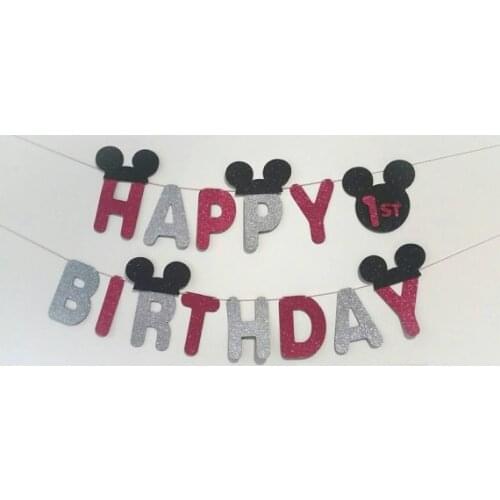 Glitter fabric - 5.5" Tall Personalized age mouse Happy 1st girls Birthday Banner Party Photo Prop garlands buntings