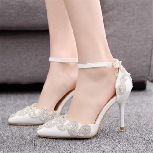 9cmstiletto single shoe simple elegant pointed white high heels rhinestones wedding bridal shoes high-end large size women shoes