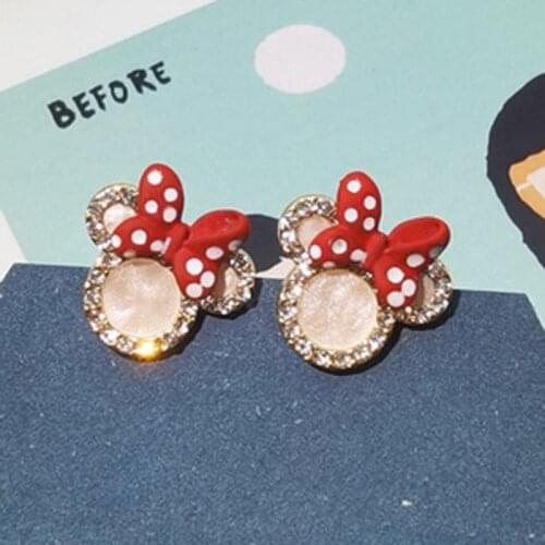 Red Bowknot Minnie Stud Earrings For Women 2021 Cartoon Cute Luxury Rhinestones Mickey Statement Korean Earrings Girls aretes