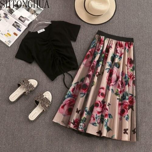 New 2020 Elegant Black 2 Piece Set Women Sweet Cotton Lace Up T-Shirt + Mesh Print Floral Tulle Long Skirts Suits