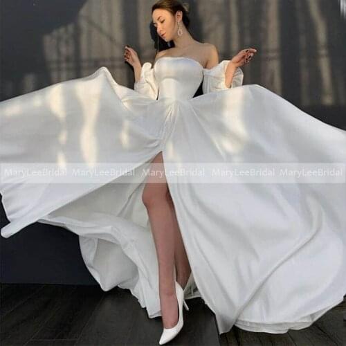 Top Quality Satin Wedding Dress With Off Shoulder Lantern Sleeves 2021 Simple Long Hight Slit Boho Bridal Gowns Robe De Mariage