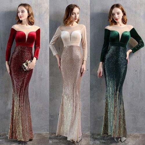 Velvet Sequins Elegant Mermaid Long Sleeve Cocktail Party Dresses Women Formal O-Neck Floor-Length Prom Vestidoes 2020 New