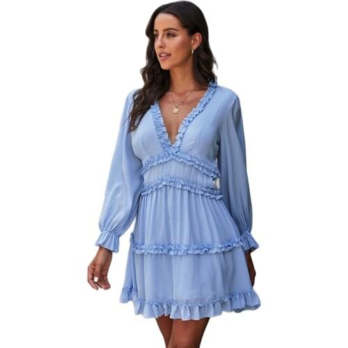 Womens Bohemian Solid V-Neck Open Back Sexy Ruffle Dress Elegant Lantern Sleeve Retro Spring Mini A-Line Skirt Vestido 2021 New