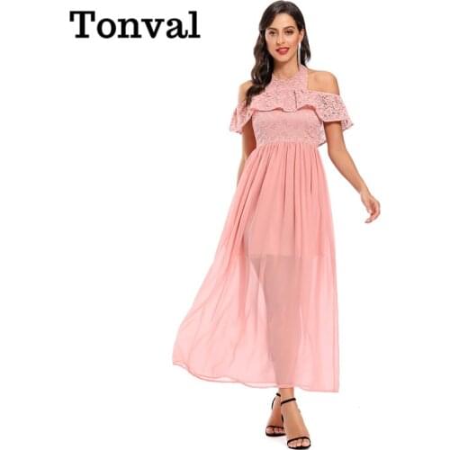 Tonval Halter Elegant Ruffle Cold Shoulder Party Robe Women Maxi Dress Lace and Chiffon Fit and Flare Pleated Dresses