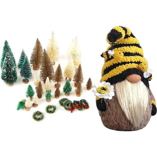 30 Pcs Miniature Frosted Christmas Trees Bottle Brush Mini Trees & 1 Pcs Bumble Bee Summer Gnome Plush Doll Decor