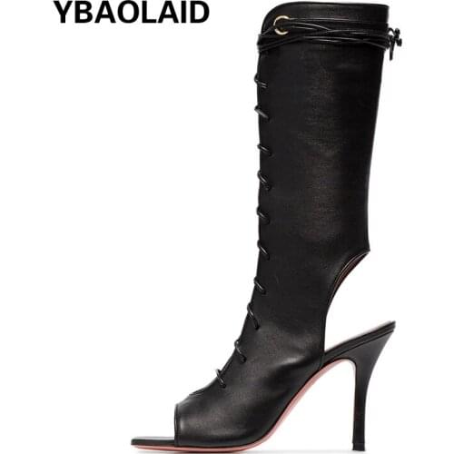 Open-toe Cross-lace High-heeled Roman Mid-tube Sandals Boots Spring and Autumn New Black Open-heel Fashion Womens Boots