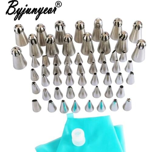 Byjunyeor 57PCS Icing Piping Tips Set 1 Pcs Silicone Bag 1pcs Coupler Russian Tulip Nozzles Cupcake Cake Dessert Tools CS116