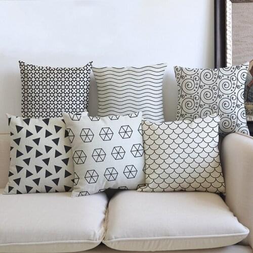 Black White Concise Geometrics Cushion Pillow Covers Triangle Circle Line Waves Sofa Throw Pillow Case Cotton Linen 45 *45cm