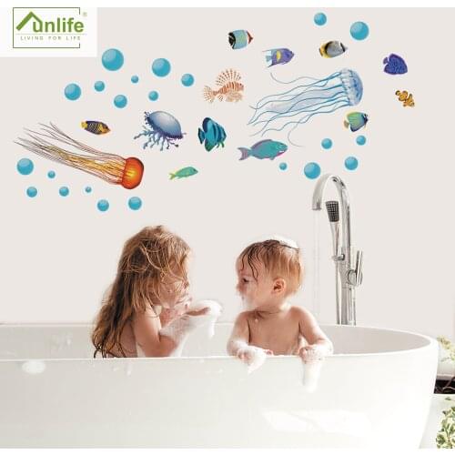Funlife@ Sea Animals Kindergarten Wall Stickers Bathroom Playroom Wall Decals Nursery Easy to Clean Home Decorative Wallpaper
