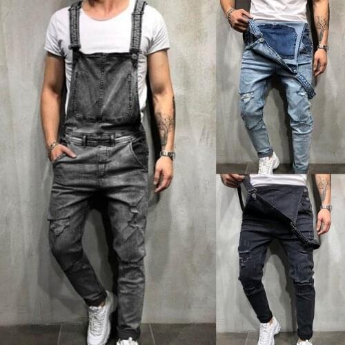 Jeans Overalls for Men Streetwear Denim Bib Pants Retro Summer Men Ripped Denim Overall Destroyed Hole Long Pants Jeans Jumpsuit