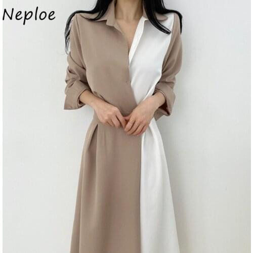 Neploe French Temperament Lapel Woman Dress Contrast Color Stitching Vestidos Korean Chic Slim Waist One Button Long Sleeve Robe