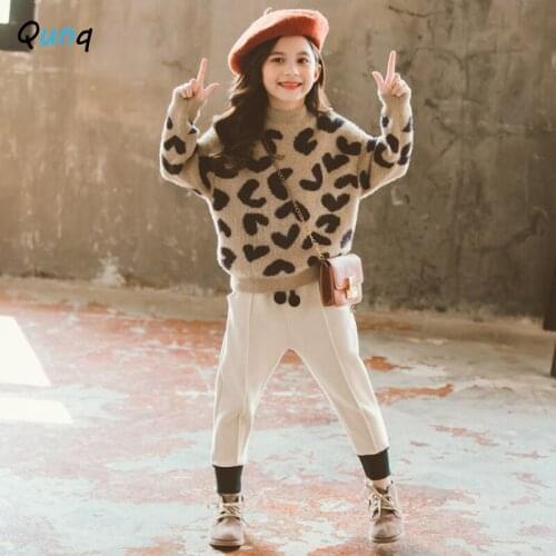 Qunq Girls Clothing Set Fashion Leopard Sweater Woolen Pants Winter Spring Kids Clothes for Girl Toddler Teens Children Suits