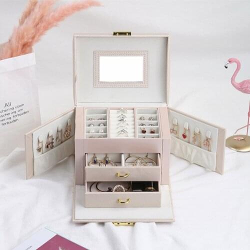 Leather Jewelry Display Box Jewelry Storage Box Storage Jewelry Box Case for Rings Earrings Necklaces with Mirror Accessories