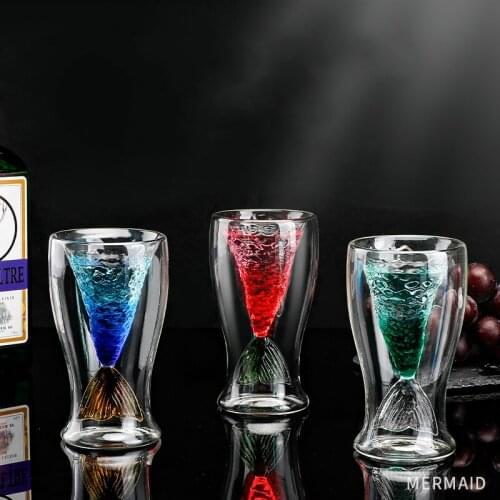 Creative Double Wall Glass Mermaid Cocktail Cup Colorful Fish Tail Bar New Specialty Drinks Ice Cream Mixing Wine Shot Beer Mug