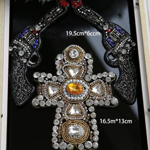 Best price Large Pistol model bead embroidery patch applique stick cross emblem diy garment accessories crucifix patch A1333