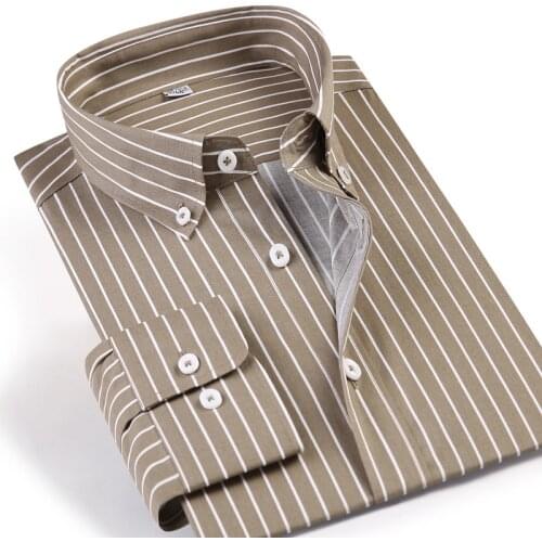 Mens Long Sleeve Khaki Striped Casual Shirt Comfortable Button Down Collar Pocketless Design Slim Fit Easy Care Quality Shirts