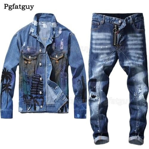 Mens Vintage Blue Jeans Sets 2020 Frayed Slim Denim Jacket and stitching Jean 2PCS Sets Mens Letter Print Jacket + Hole Pants