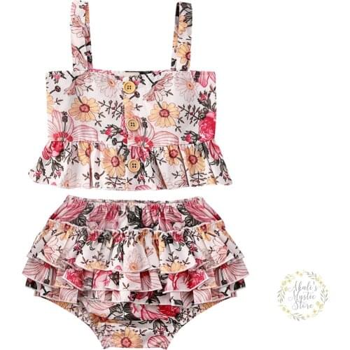 3M-4Y Toddler Newborn Baby Kid Girls Flower Clothes Set Summer Vest T shirt Top + Ruffles Bloomers Shorts Outfits Girl Costumes