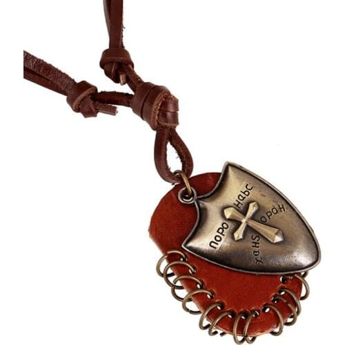 Punk Vintage Cross Pendant Chain Necklace Retro Brown Long Genuine Leather Women Men Alloy Bronze Charm Handmade Fashion Jewelry