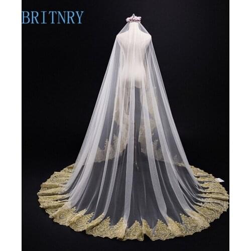 BRIRTNRY 2018 Real Photos Wedding Veils Gold Lace Edge Ivory Veil High Quality Long Wedding Veil White Champagne Bride Veil