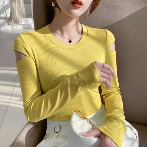 TingYiLi Solid O-neck Cold-Shoulder Cotton T-shirt Women Spring Autumn Long Sleeve Jersey Top Korean Style Sexy Slim Fit Clothes