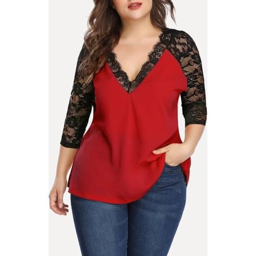 Plus Size Women Shirt Chiffon Ladies Tops Lace 3/4 Sleeve Black Blouses Shirt Casual Irregular Patchwork Streetwear Femme