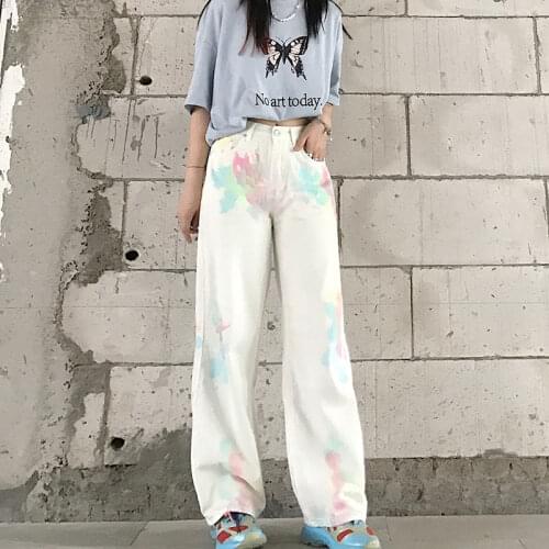 Korean version of ins womens white tie-dye straight trousers loose high waist large size student womens wide-leg jeans 4XL 5XL