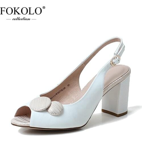 FOKOLO New Sandals for Women Summer High Heels Soft Sheepskin Upper and Sole White Genuine Leather High Quality Ladies Shoes L8
