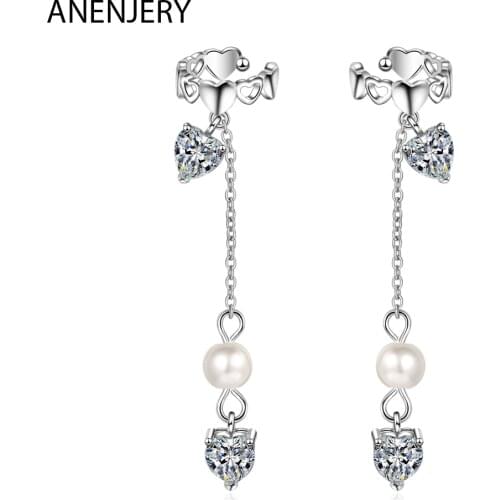ANENJERY 925 Sterling Silver Love Heart Zircon Pearl Ear Clip Cuff Wrap Earring For Women Non Piercing Tassel Earrings S-E1047
