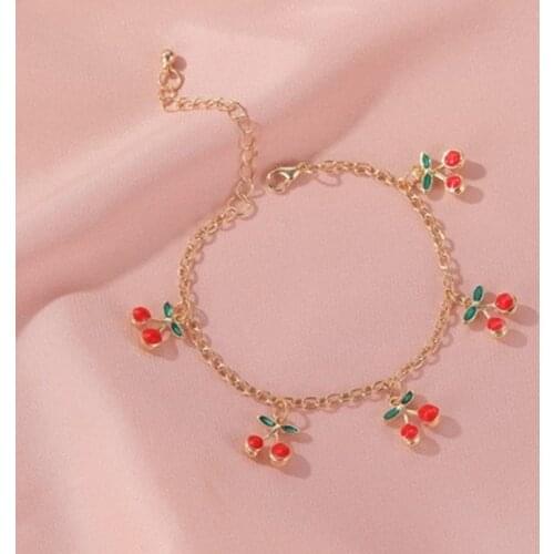 Korean Version Sweet Charm Red Cherry Gold Chain Bracelets for Women Gold Color Adjustable Bracelet Anklet Jewelry Party Gifts