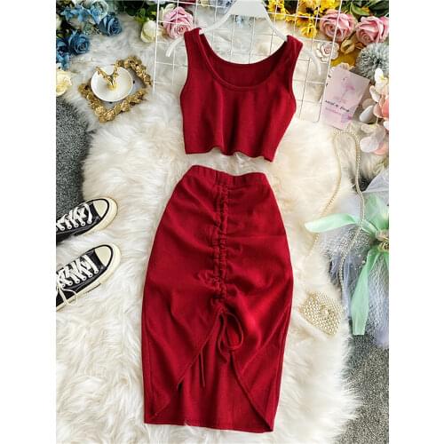 2020 Summer Women 2pcs Set Black/Red Vintage Round Neck Knitted Short Tops + Drawstring Bodycon Skirt Female Two Piece Set New