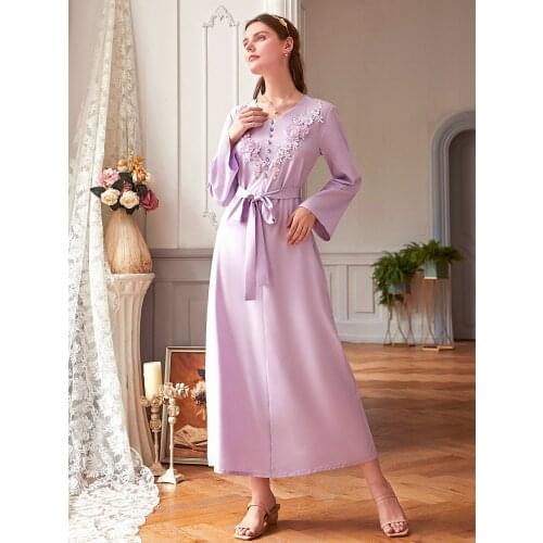 Purple Abaya Dubai Turkey Muslim Embrodiered Hijab Dress European Islam Clothing Dress For Women Vestidos Robe De Moda Musulman