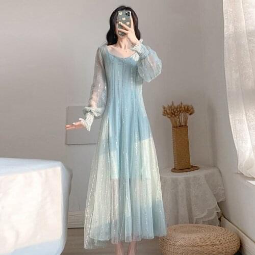 Fashion Retro French Dress 2021 Spring And Summer Ladies New Temperament V-Neck Sequined Puff Sleeve Mesh Dress Long Robe y1438