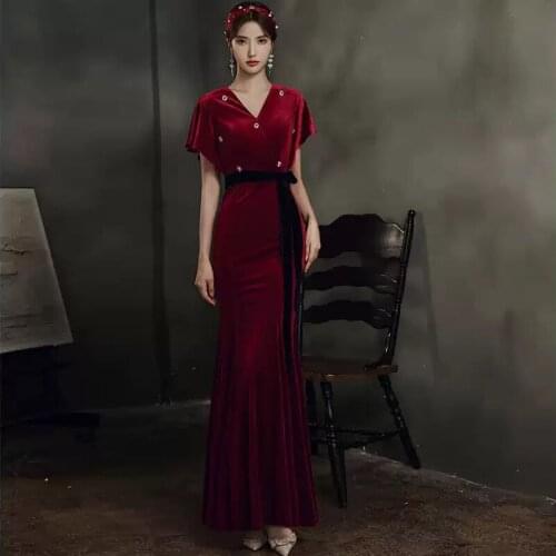 Evening Dress Sexy V-Neck Appliques Pleat Short Sleeves Zipper Back Floor-length Mermaid Plus size Women Formal Party Gown C811