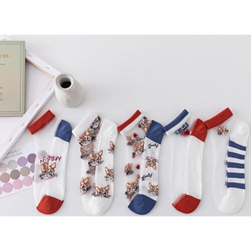 1Pc Comfortable Socks Women Cartoon Small Cat Boat Socks Cotton Bottom Low Ankle Socks Ladies Transparent Crystal Socks