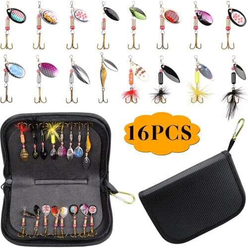 16pcs Metal Spoon Lures Set With Black Lure Pack Mixed Color 2.17/2.36/3.15 Inch Spinners Fishing Lure With Sharp Treble Hook