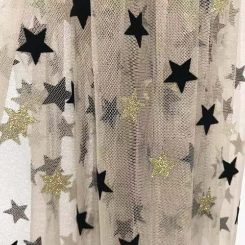 2Yards Exquisite Apricot Mesh Fabric Flocking Star Glitter Tulle Net Fabric for Dress, Tutu, Wedding backdrop, Garment fabric