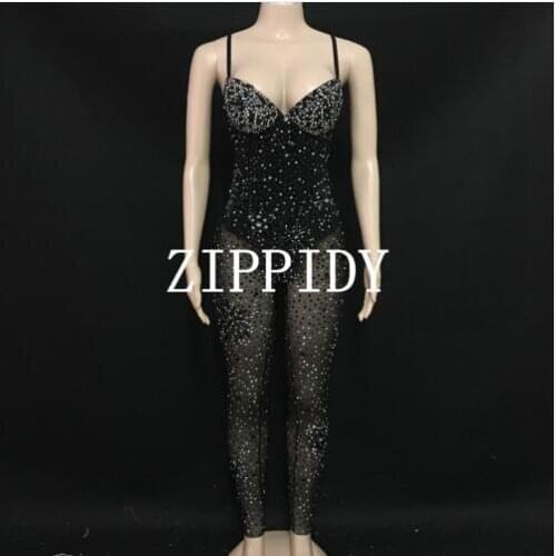 2019 Flashing Full Black Rhinestones Mesh See Through Jumpsuit Nightclub Women Dance Show Birthday Party Outfit