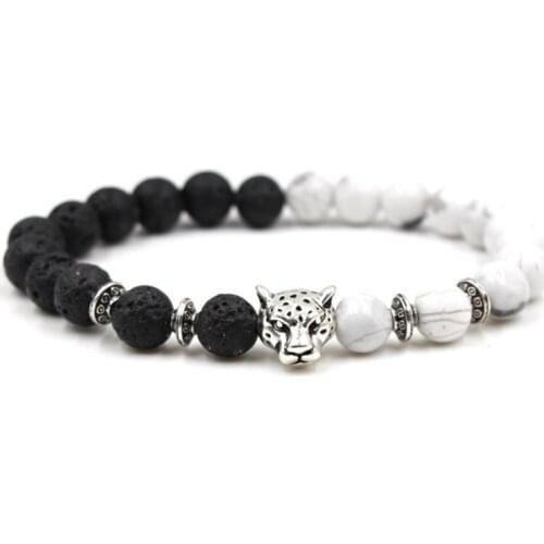 8mm ch4 4 gold silver ball white Howlite nature black stone volcanic lava leopard head Bracelet Reiki Chakra Fashion