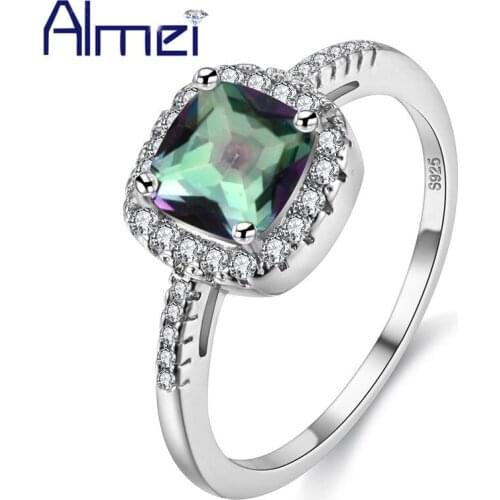 Almei 10%Off Engagement Ring Jewellery Zircon Jewelry Silver Color Rings Bijouterie Women Green Rainbow Stone Crystal Y3100