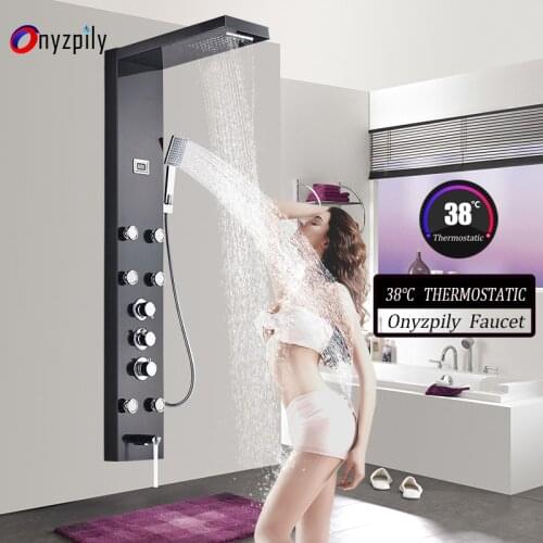 Black Thermostatic Shower Panel Faucet Waterfall Rainfall In Wall Shower System with Spa Massage Sprayer Bidet Head Handshower