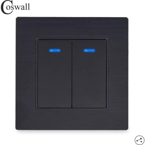 Coswall 2 Gang 2 Way On / Off Wall Light Switch LED Indicator Pass Through Switch Switched Knight Black Aluminum Metal Panel